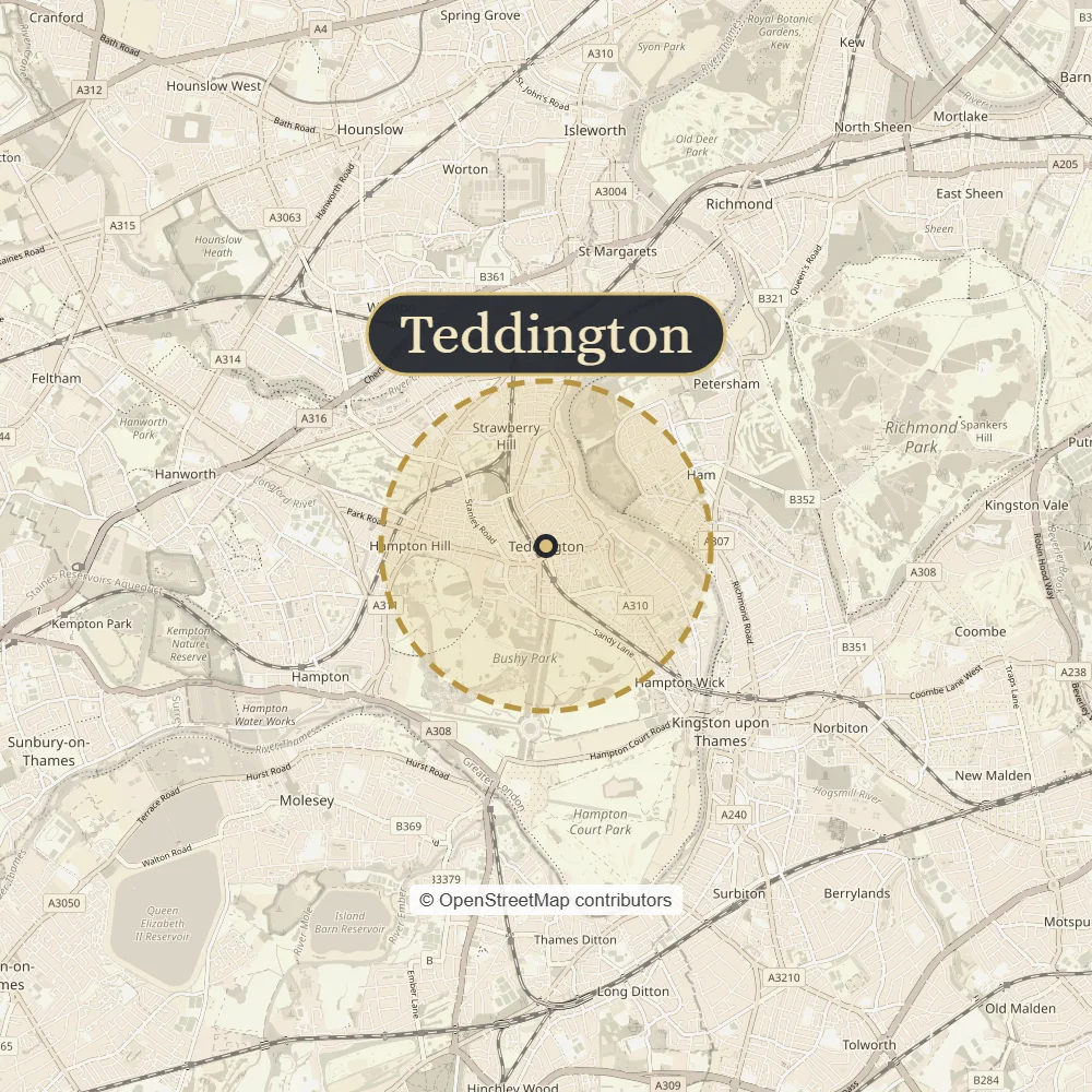 Map of Teddington and the surrounding area covered by Treemedic tree surgeons