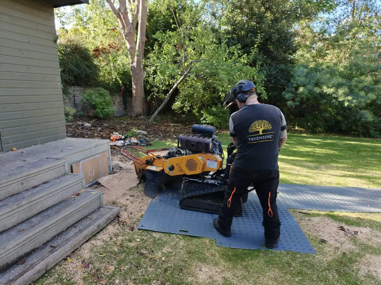 Treemedic tree surgeon stump grinding in a back garden, working on ground protection mats